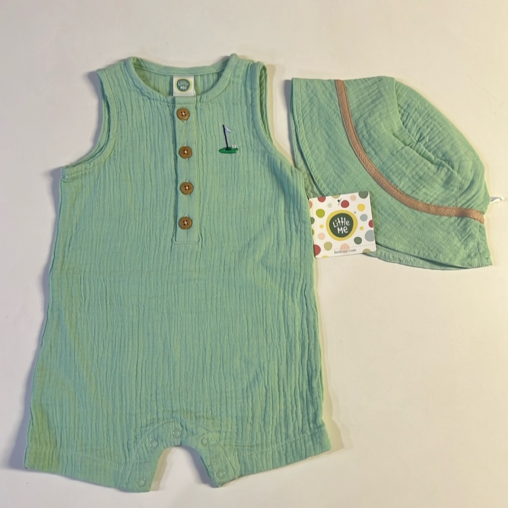 NWT Little Me Boys' Golf Embroidered Cotton Gauze Romper & Hat Set 9 Month